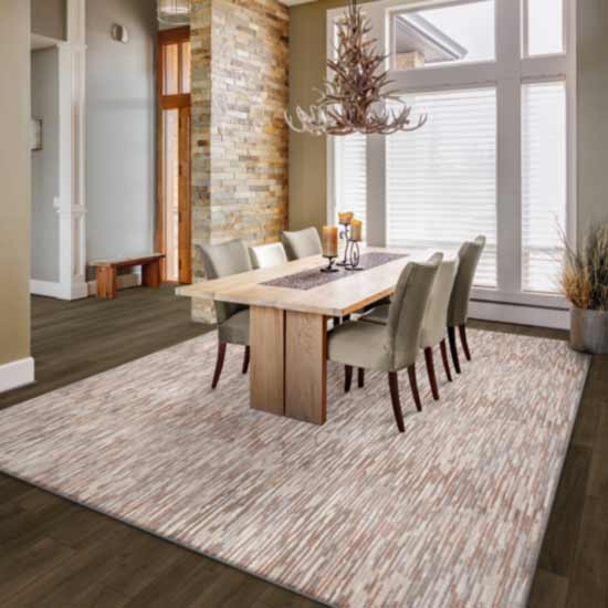 patterned area rug in dining room