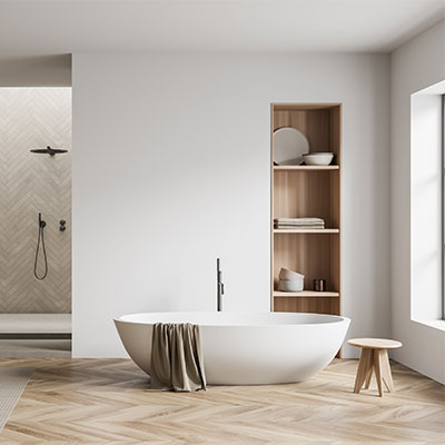 herringbone wood look flooring in bathroom