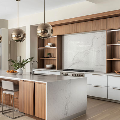 wood look flooring in kitchen with marble waterfall island