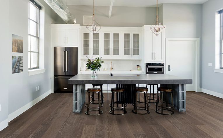 canada beach house inside kitchen fridge with stools