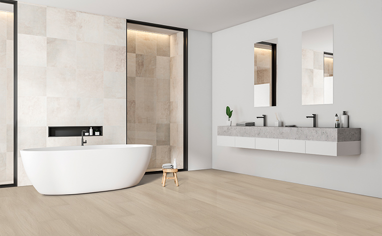 luxury vinyl bathroom with white tile on walls